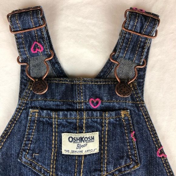OSHKOSH Baby Denim Vestback Overalls Embroidered Hot Pink Hearts (9 Months) - Picture 3 of 6